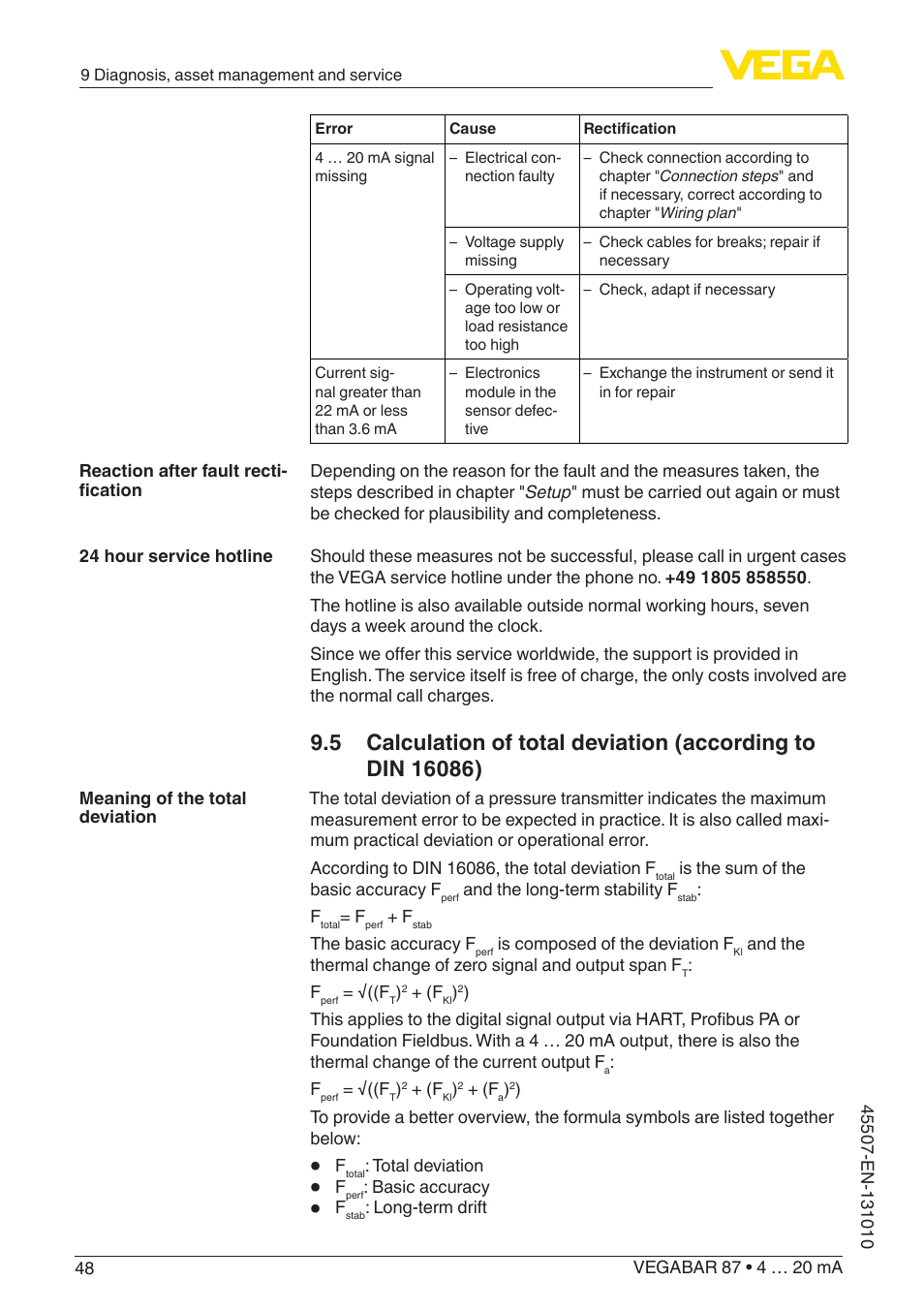 VEGA VEGABAR 87 4 … 20 mA - Operating Instructions User Manual | Page 48 / 72