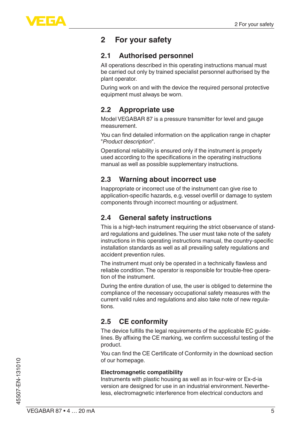 2 for your safety, 1 authorised personnel, 2 appropriate use | 3 warning about incorrect use, 4 general safety instructions, 5 ce conformity | VEGA VEGABAR 87 4 … 20 mA - Operating Instructions User Manual | Page 5 / 72