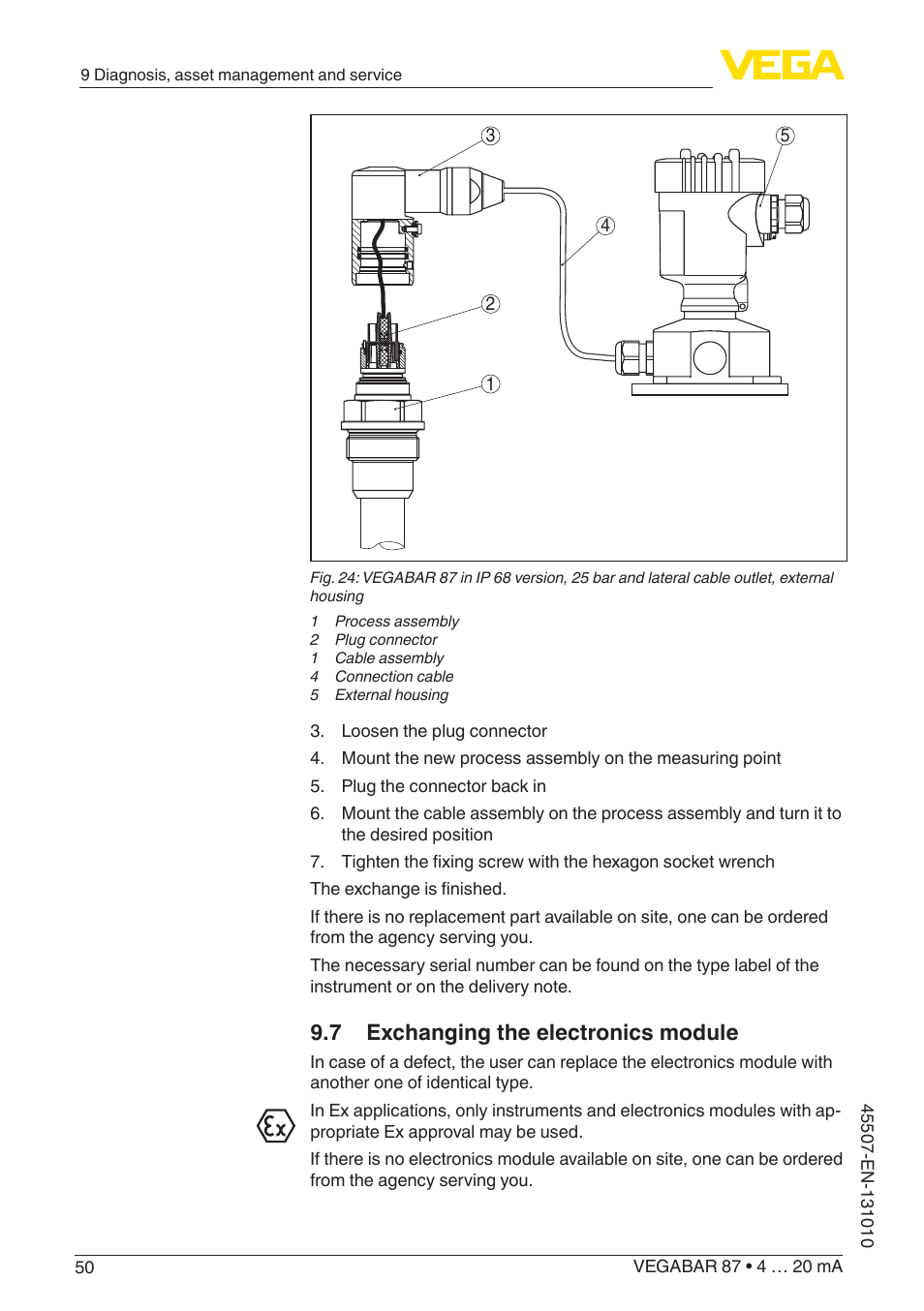 7 exchanging the electronics module | VEGA VEGABAR 87 4 … 20 mA - Operating Instructions User Manual | Page 50 / 72