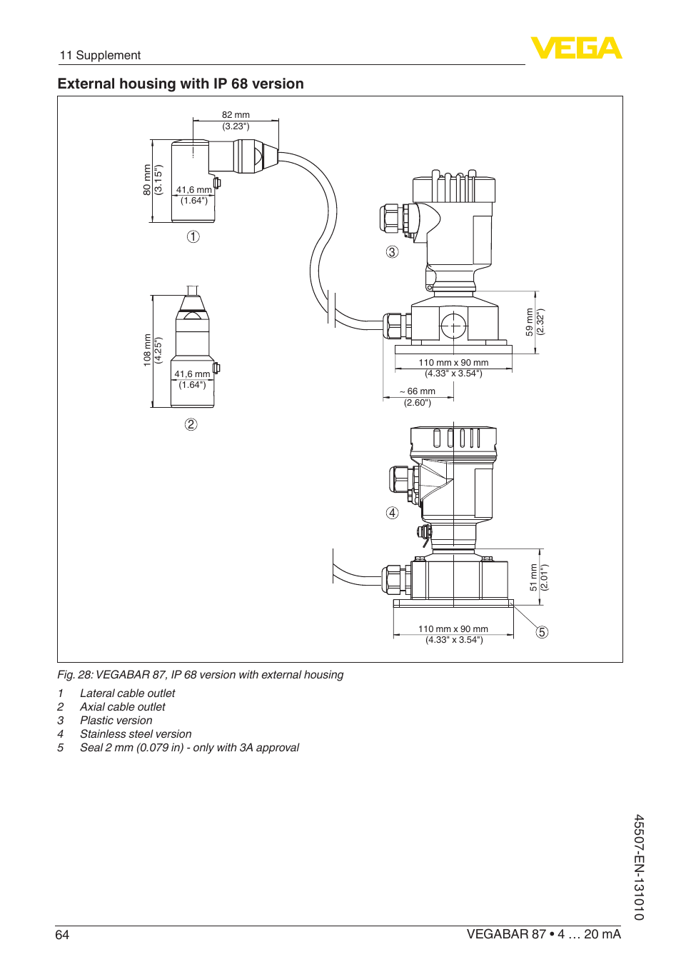 External housing with ip 68 version | VEGA VEGABAR 87 4 … 20 mA - Operating Instructions User Manual | Page 64 / 72