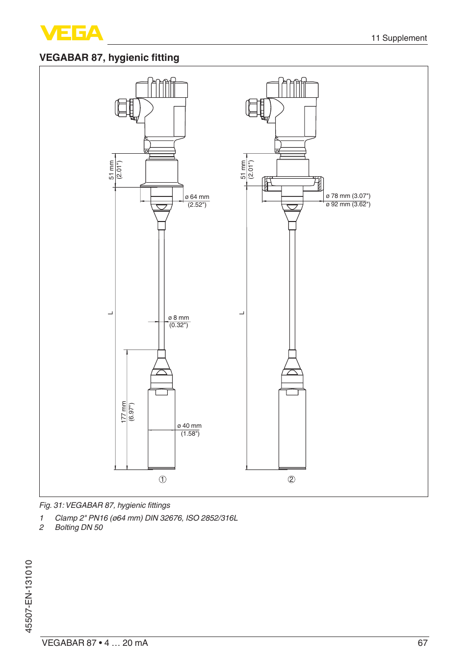 Vegabar 87, hygienic fitting | VEGA VEGABAR 87 4 … 20 mA - Operating Instructions User Manual | Page 67 / 72