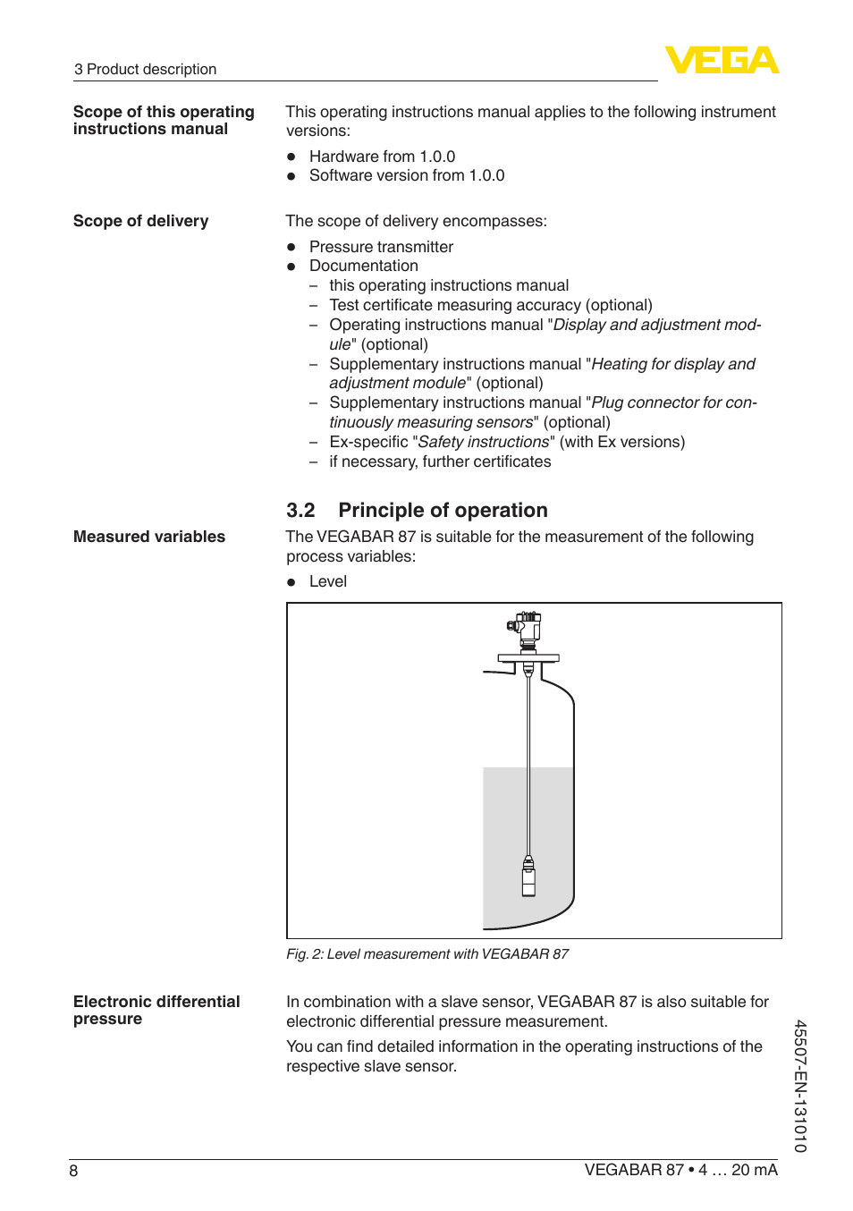 2 principle of operation | VEGA VEGABAR 87 4 … 20 mA - Operating Instructions User Manual | Page 8 / 72