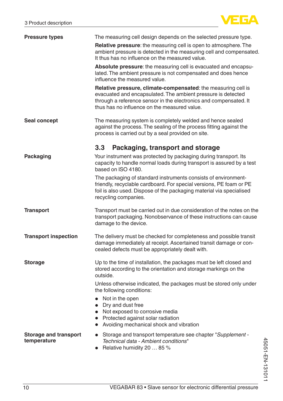 3 packaging, transport and storage | VEGA VEGABAR 83 Save sensor - Operating Instructions User Manual | Page 10 / 60