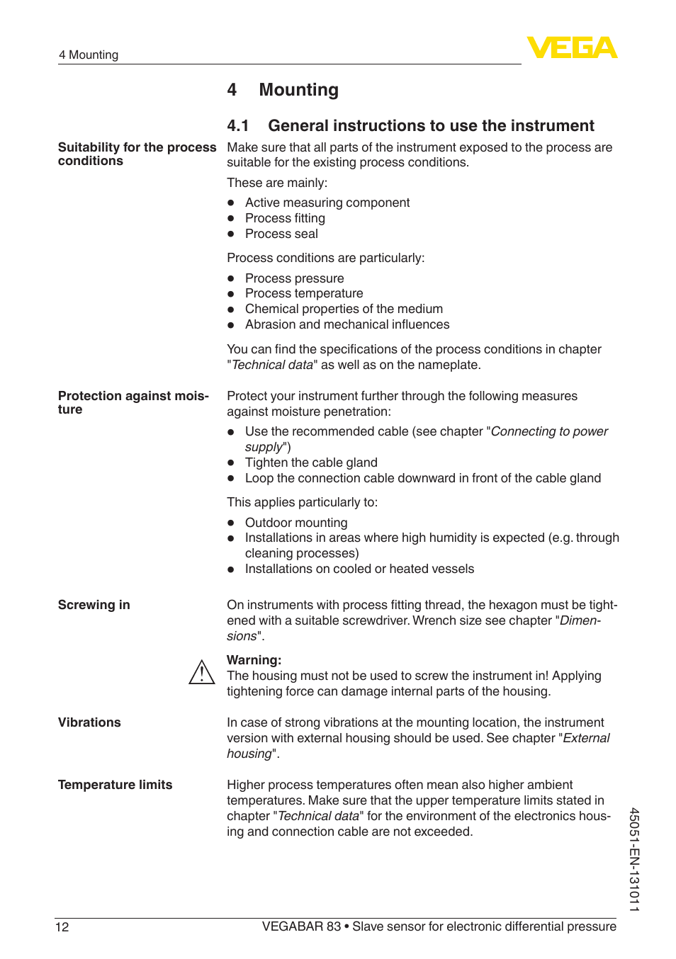 4 mounting, 1 general instructions to use the instrument | VEGA VEGABAR 83 Save sensor - Operating Instructions User Manual | Page 12 / 60