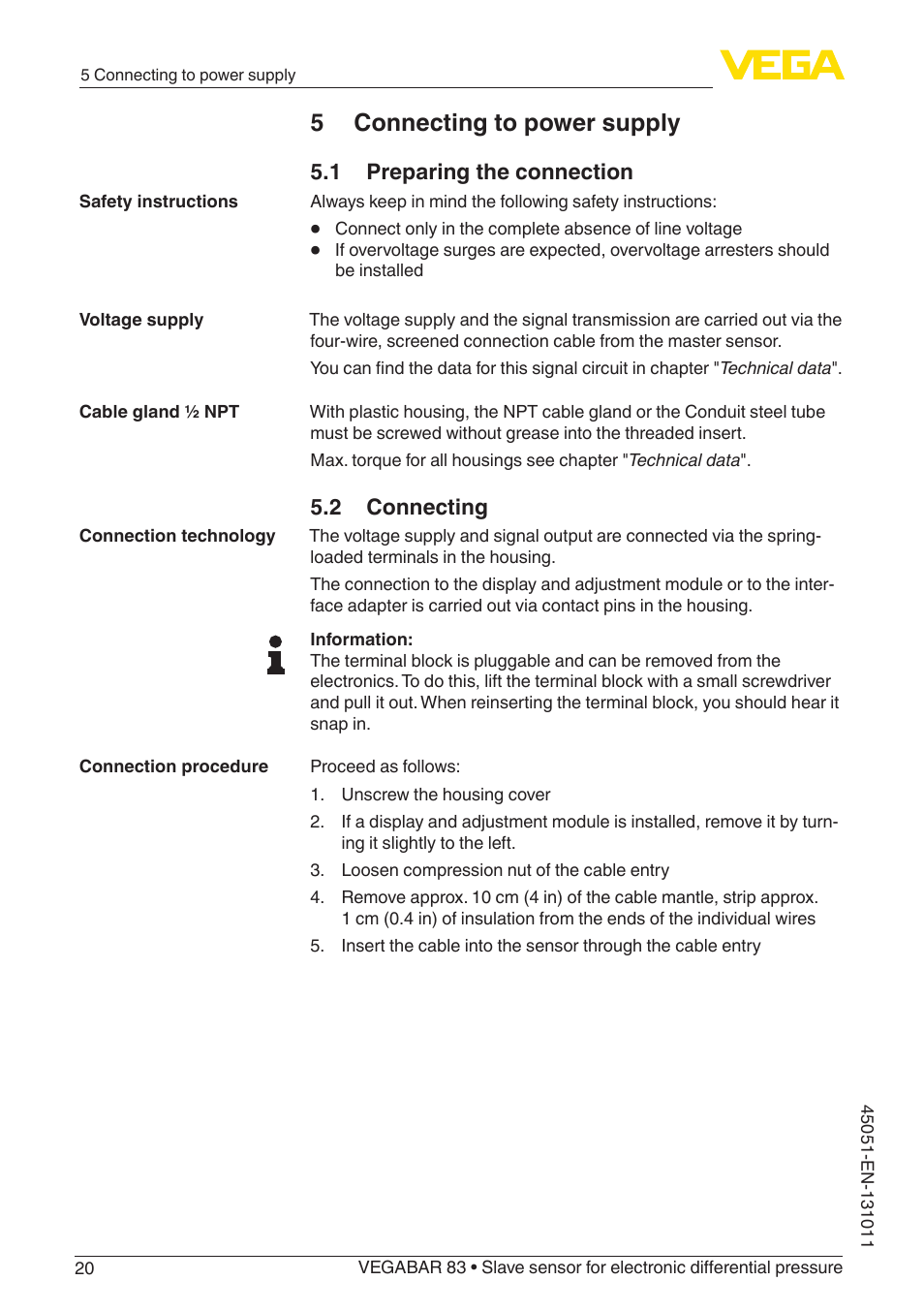 5 connecting to power supply, 1 preparing the connection, 2 connecting | VEGA VEGABAR 83 Save sensor - Operating Instructions User Manual | Page 20 / 60