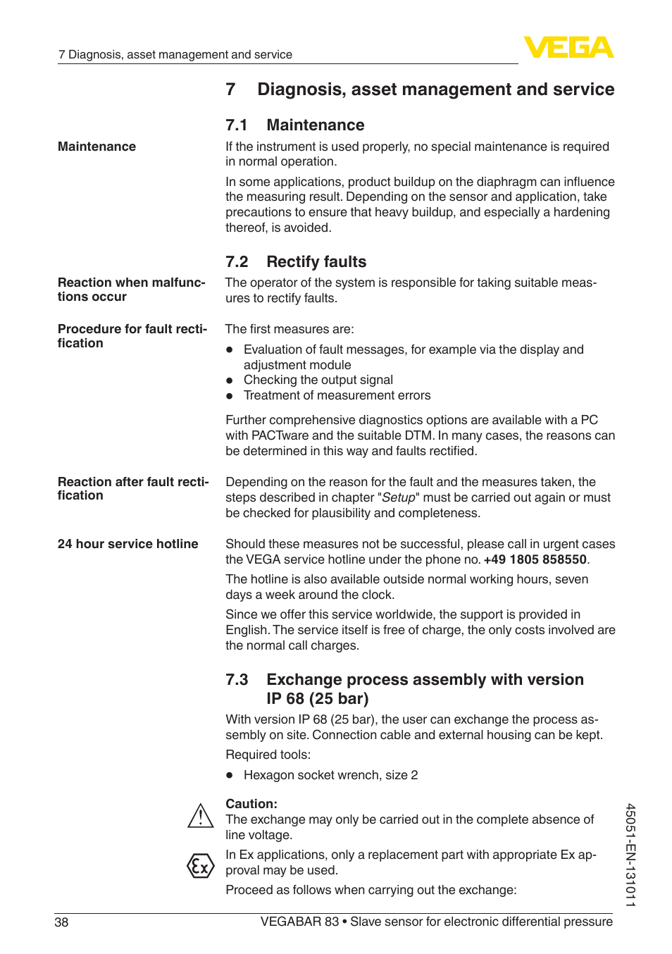 7 diagnosis, asset management and service, 1 maintenance, 2 rectify faults | VEGA VEGABAR 83 Save sensor - Operating Instructions User Manual | Page 38 / 60