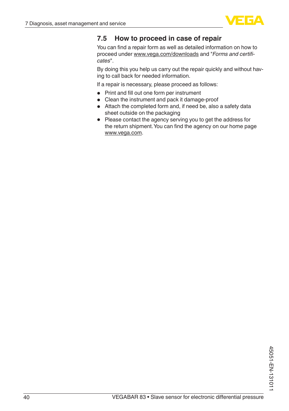 5 how to proceed in case of repair | VEGA VEGABAR 83 Save sensor - Operating Instructions User Manual | Page 40 / 60