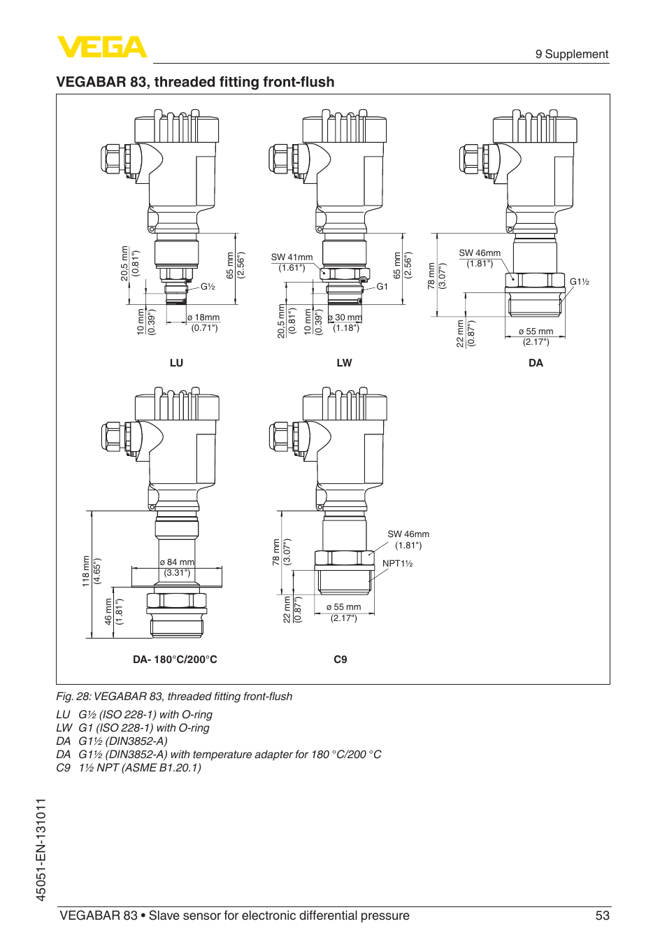 Vegabar 83, threaded fitting front-flush, 9 supplement | VEGA VEGABAR 83 Save sensor - Operating Instructions User Manual | Page 53 / 60