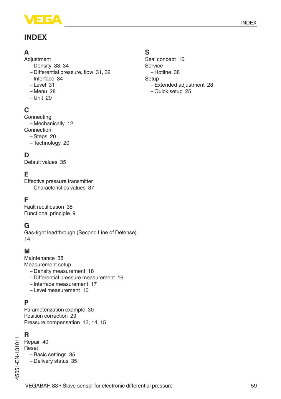 Index | VEGA VEGABAR 83 Save sensor - Operating Instructions User Manual | Page 59 / 60