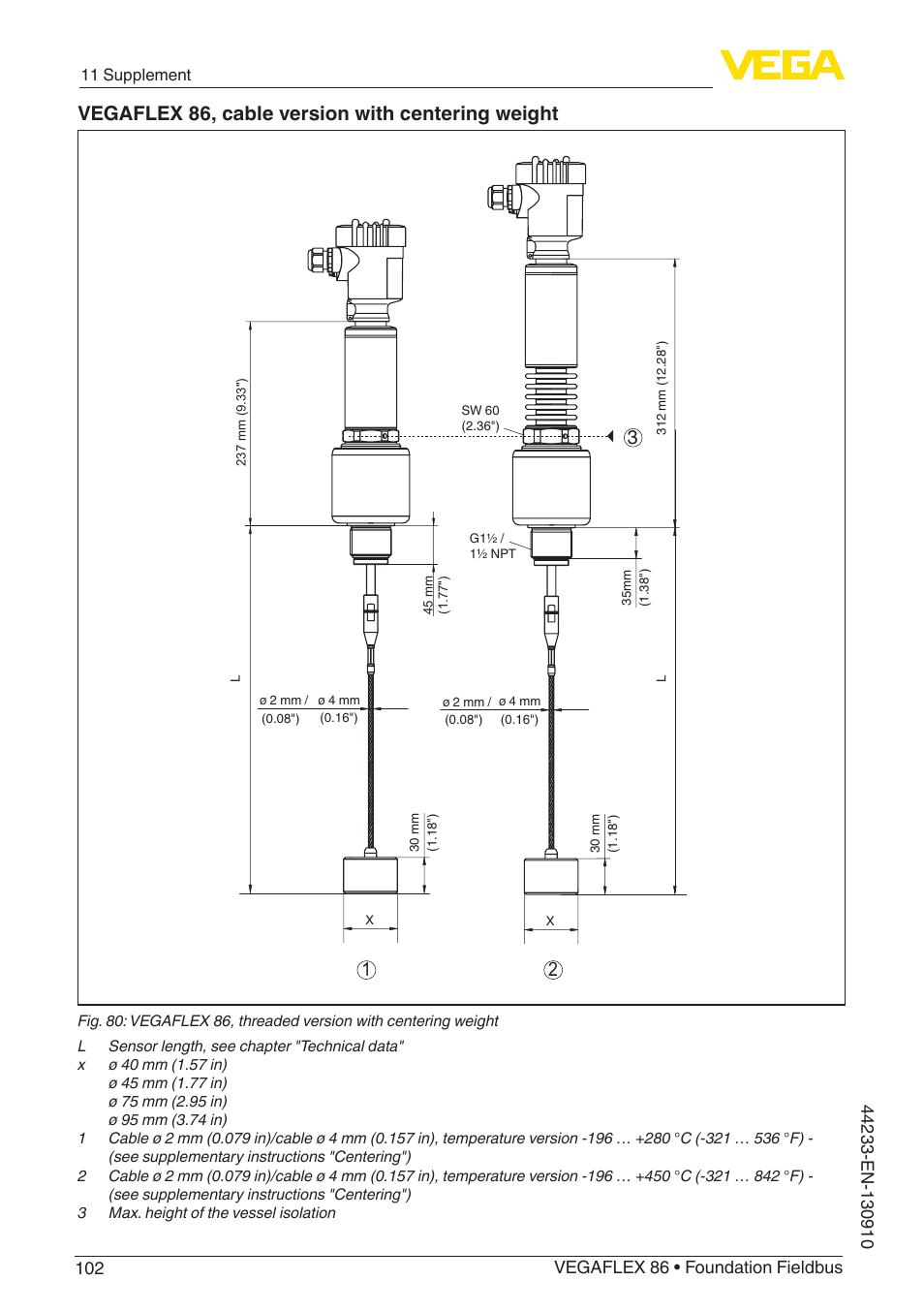 Vegaflex 86, cable version with centering weight | VEGA VEGAFLEX 86 Foundation Fieldbus User Manual | Page 102 / 108