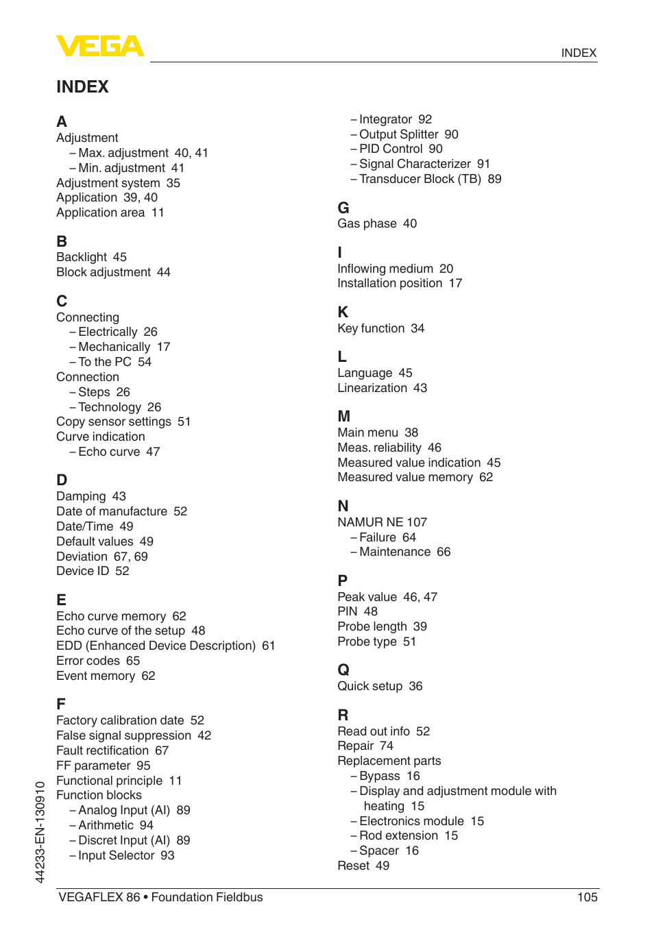 Index | VEGA VEGAFLEX 86 Foundation Fieldbus User Manual | Page 105 / 108