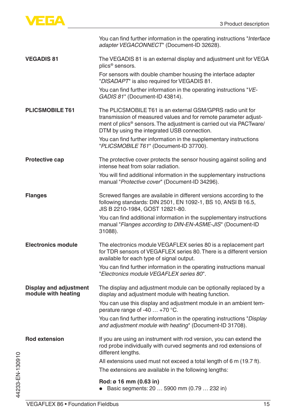 VEGA VEGAFLEX 86 Foundation Fieldbus User Manual | Page 15 / 108