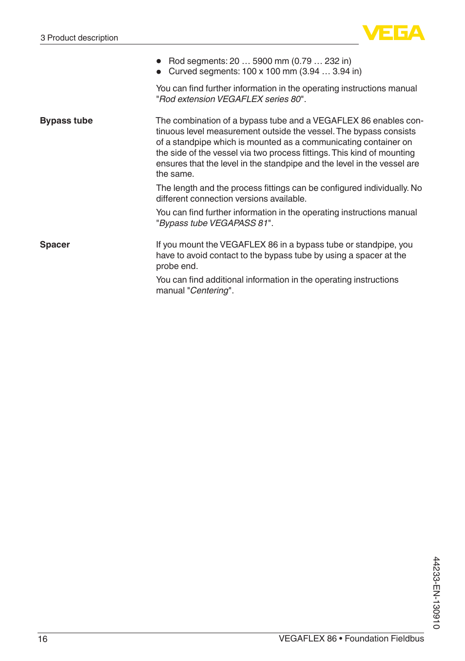 VEGA VEGAFLEX 86 Foundation Fieldbus User Manual | Page 16 / 108