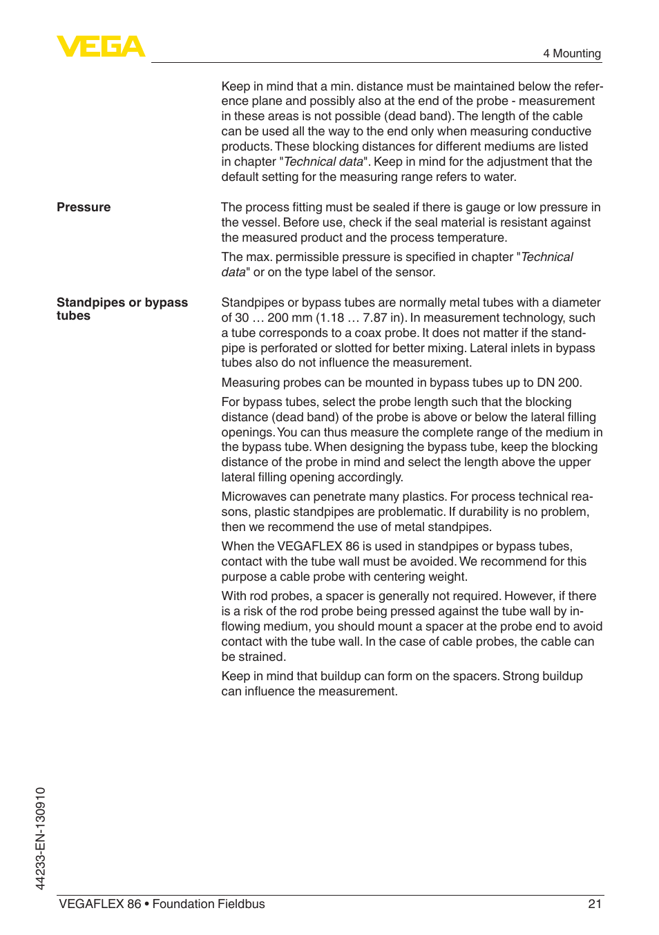 VEGA VEGAFLEX 86 Foundation Fieldbus User Manual | Page 21 / 108