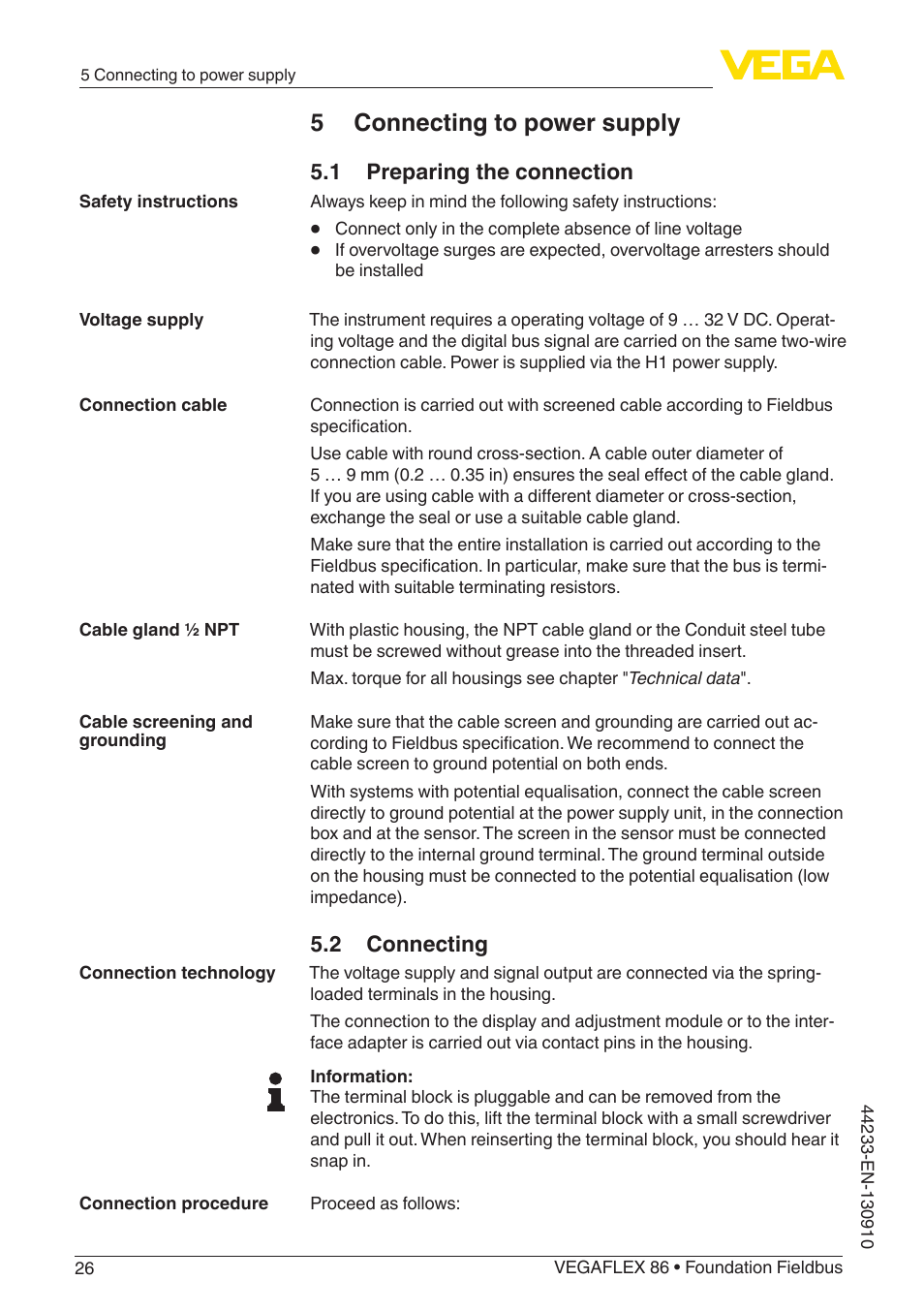 5 connecting to power supply, 1 preparing the connection, 2 connecting | VEGA VEGAFLEX 86 Foundation Fieldbus User Manual | Page 26 / 108