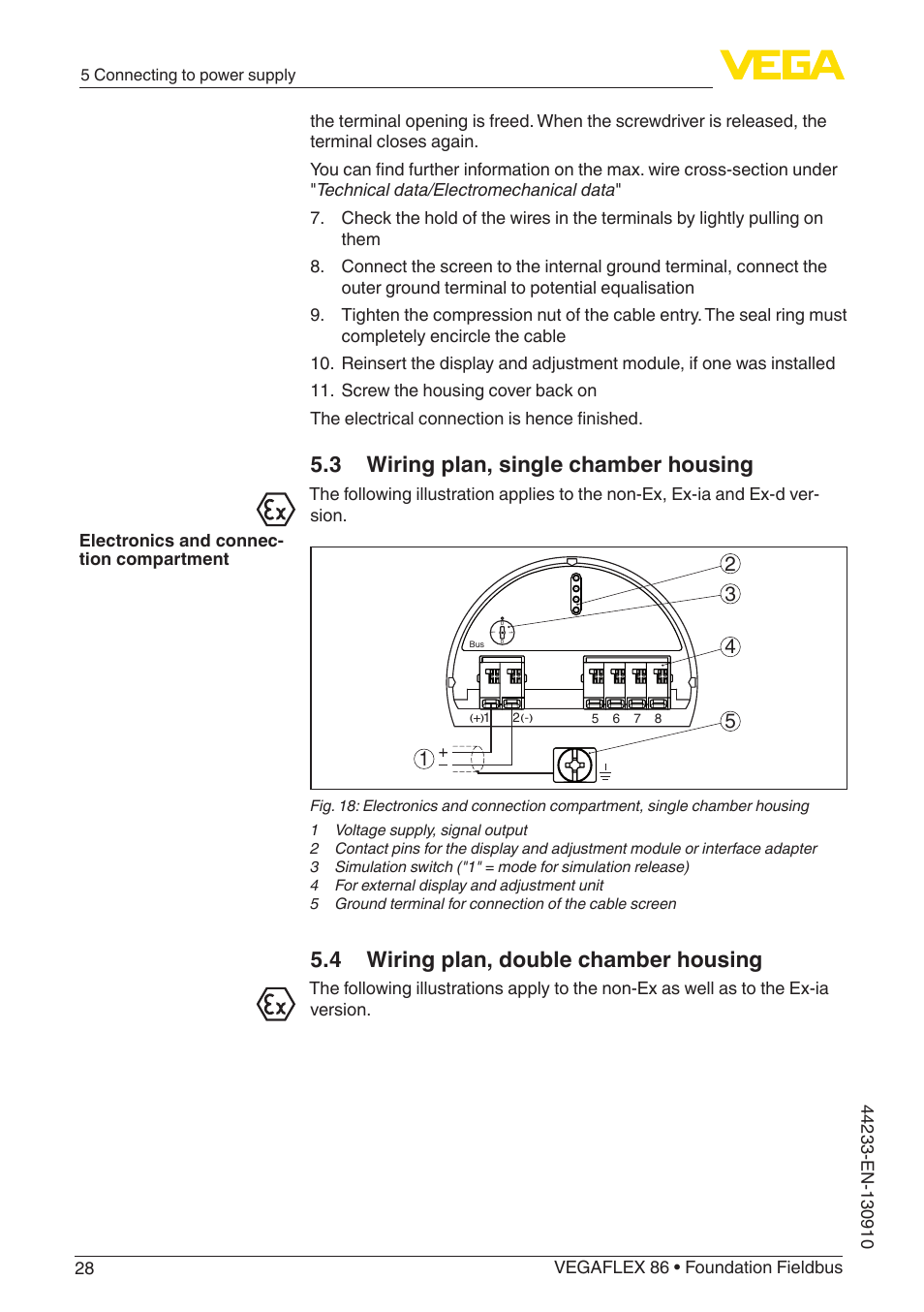 3 wiring plan, single chamber housing, 4 wiring plan, double chamber housing | VEGA VEGAFLEX 86 Foundation Fieldbus User Manual | Page 28 / 108