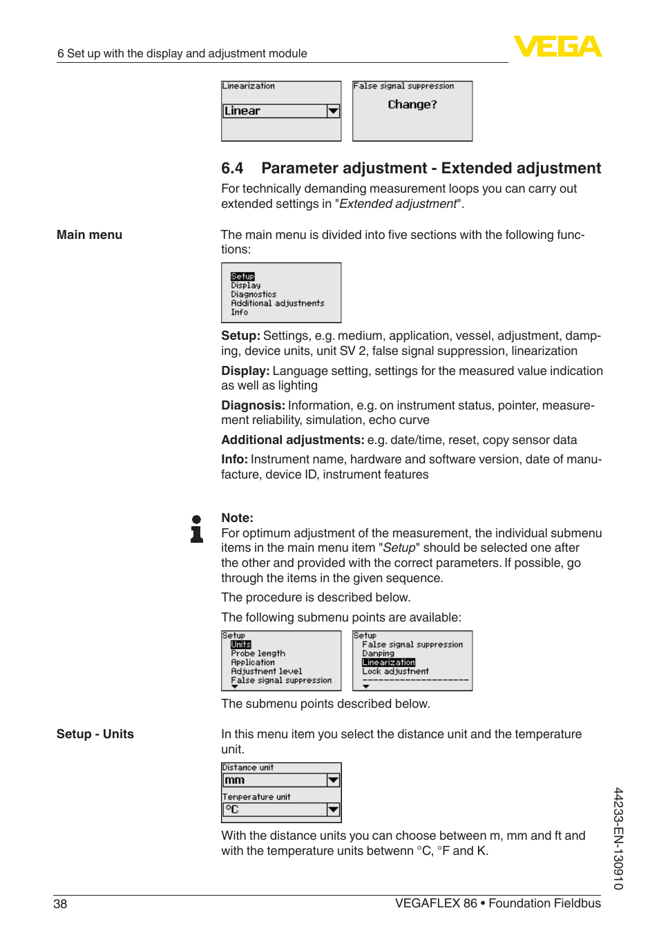 4 parameter adjustment - extended adjustment | VEGA VEGAFLEX 86 Foundation Fieldbus User Manual | Page 38 / 108