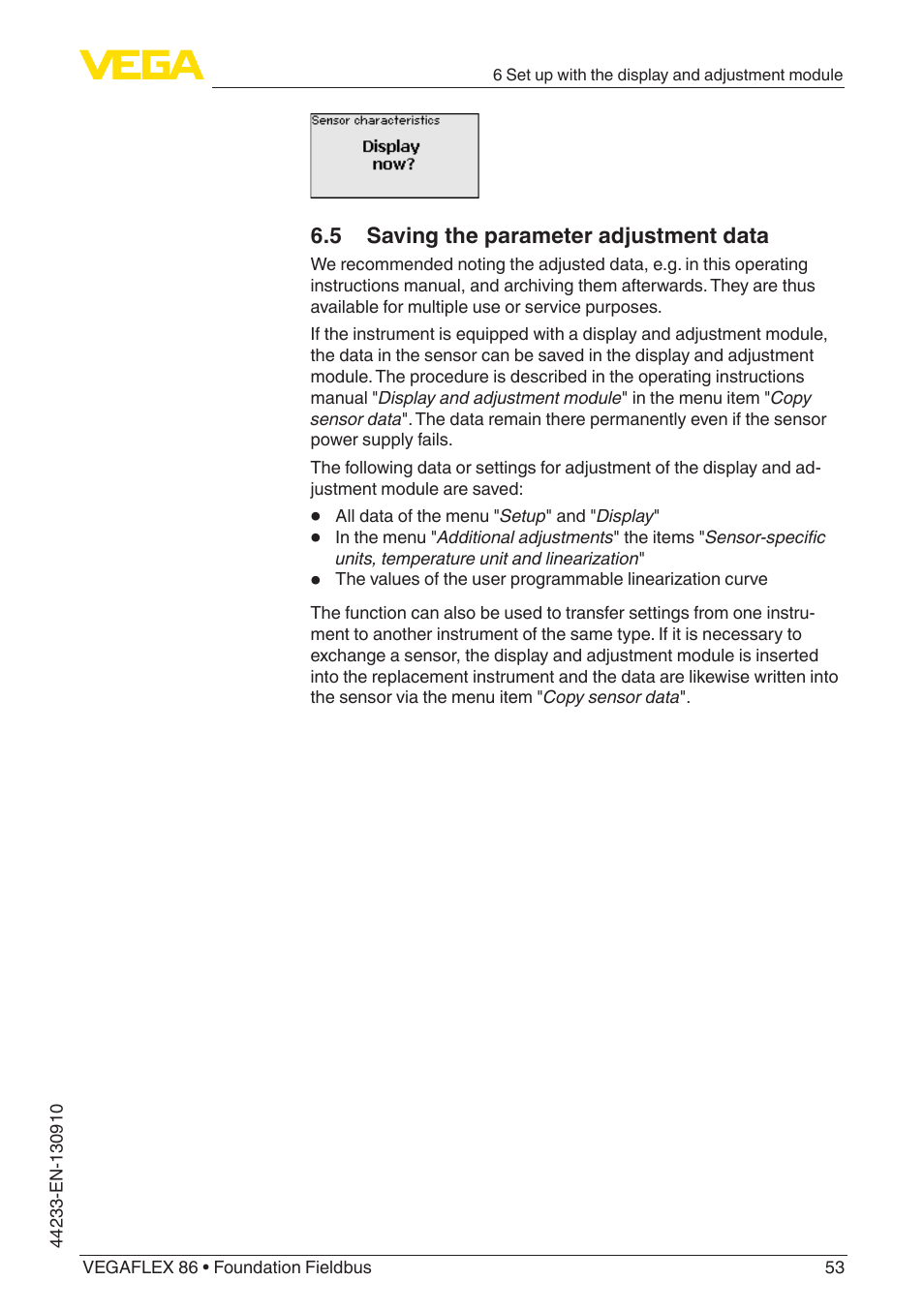 5 saving the parameter adjustment data | VEGA VEGAFLEX 86 Foundation Fieldbus User Manual | Page 53 / 108