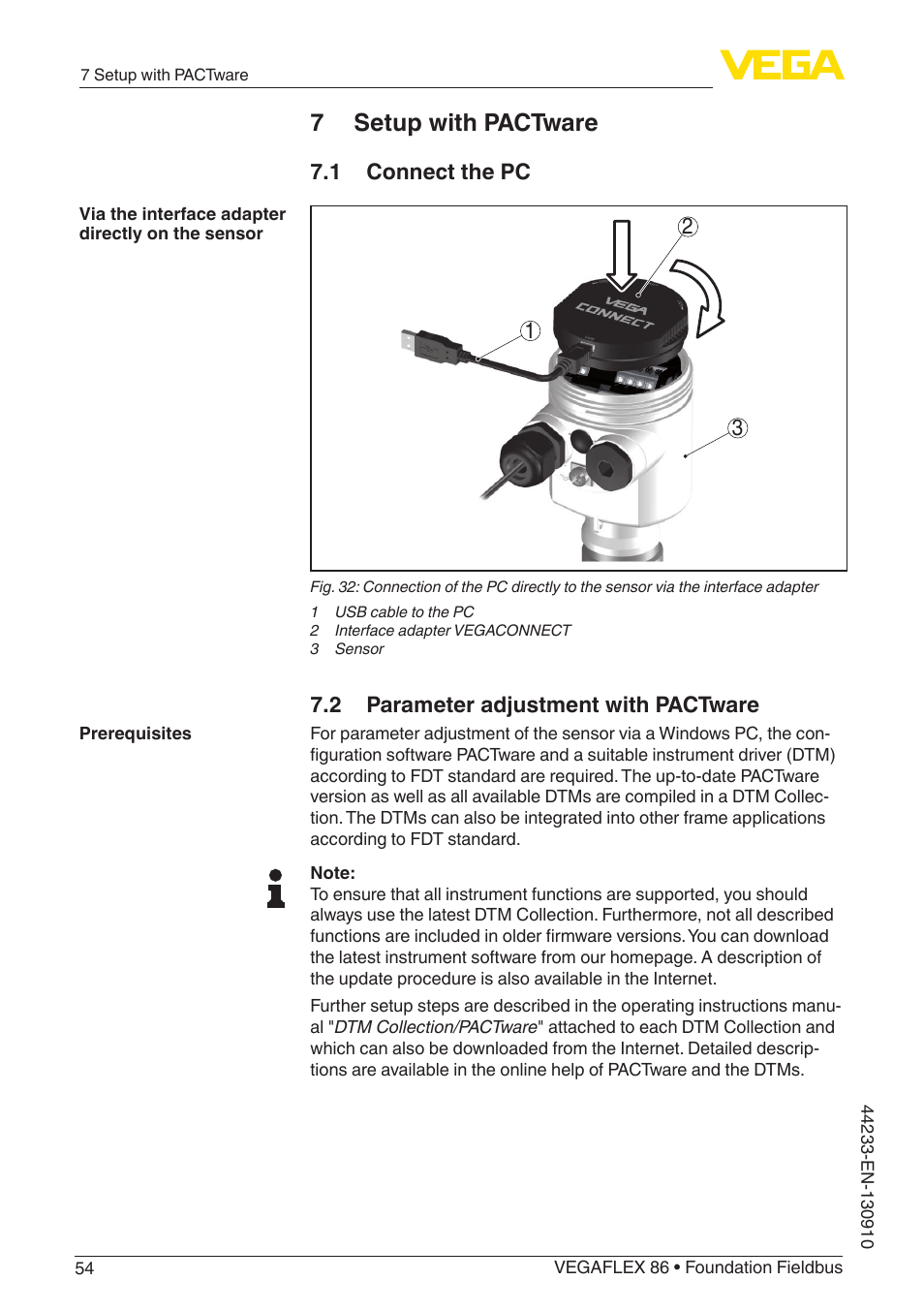7 setup with pactware, 1 connect the pc, 2 parameter adjustment with pactware | VEGA VEGAFLEX 86 Foundation Fieldbus User Manual | Page 54 / 108
