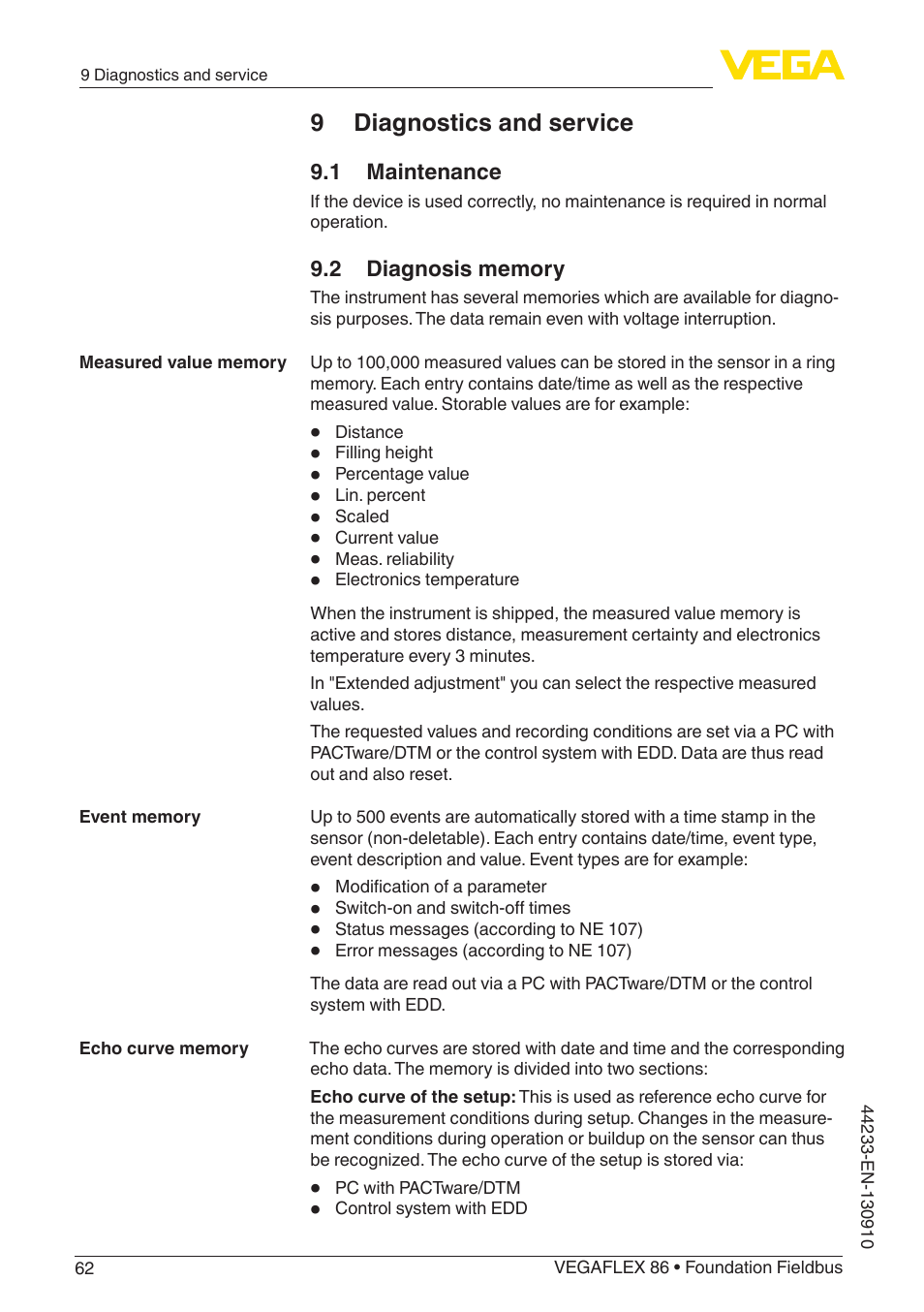 9 diagnostics and service, 1 maintenance, 2 diagnosis memory | VEGA VEGAFLEX 86 Foundation Fieldbus User Manual | Page 62 / 108