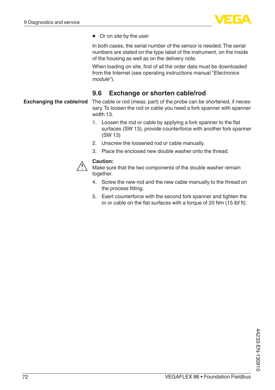 6 exchange or shorten cable/rod | VEGA VEGAFLEX 86 Foundation Fieldbus User Manual | Page 72 / 108