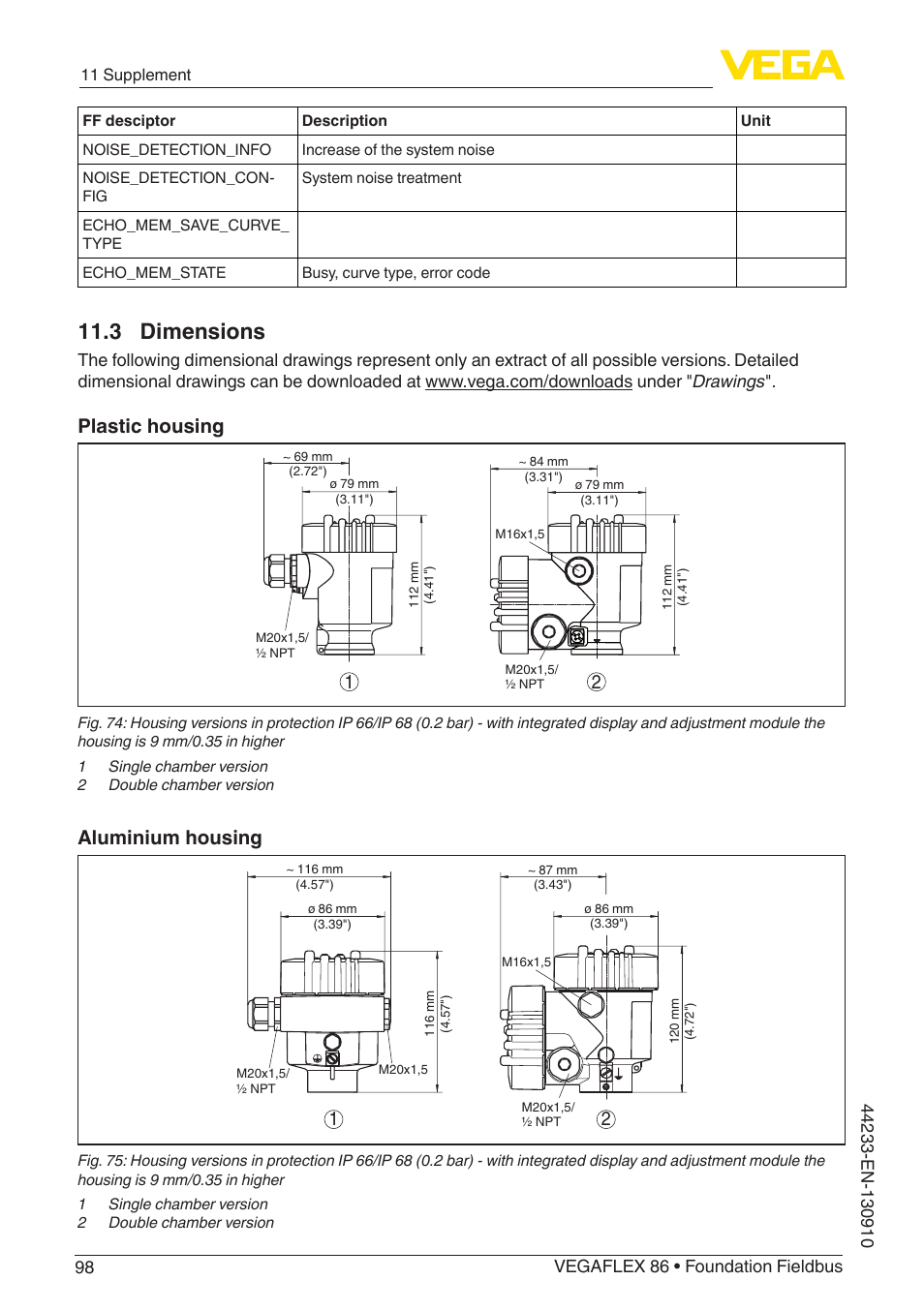 3 dimensions, Plastic housing, Aluminium housing | VEGA VEGAFLEX 86 Foundation Fieldbus User Manual | Page 98 / 108