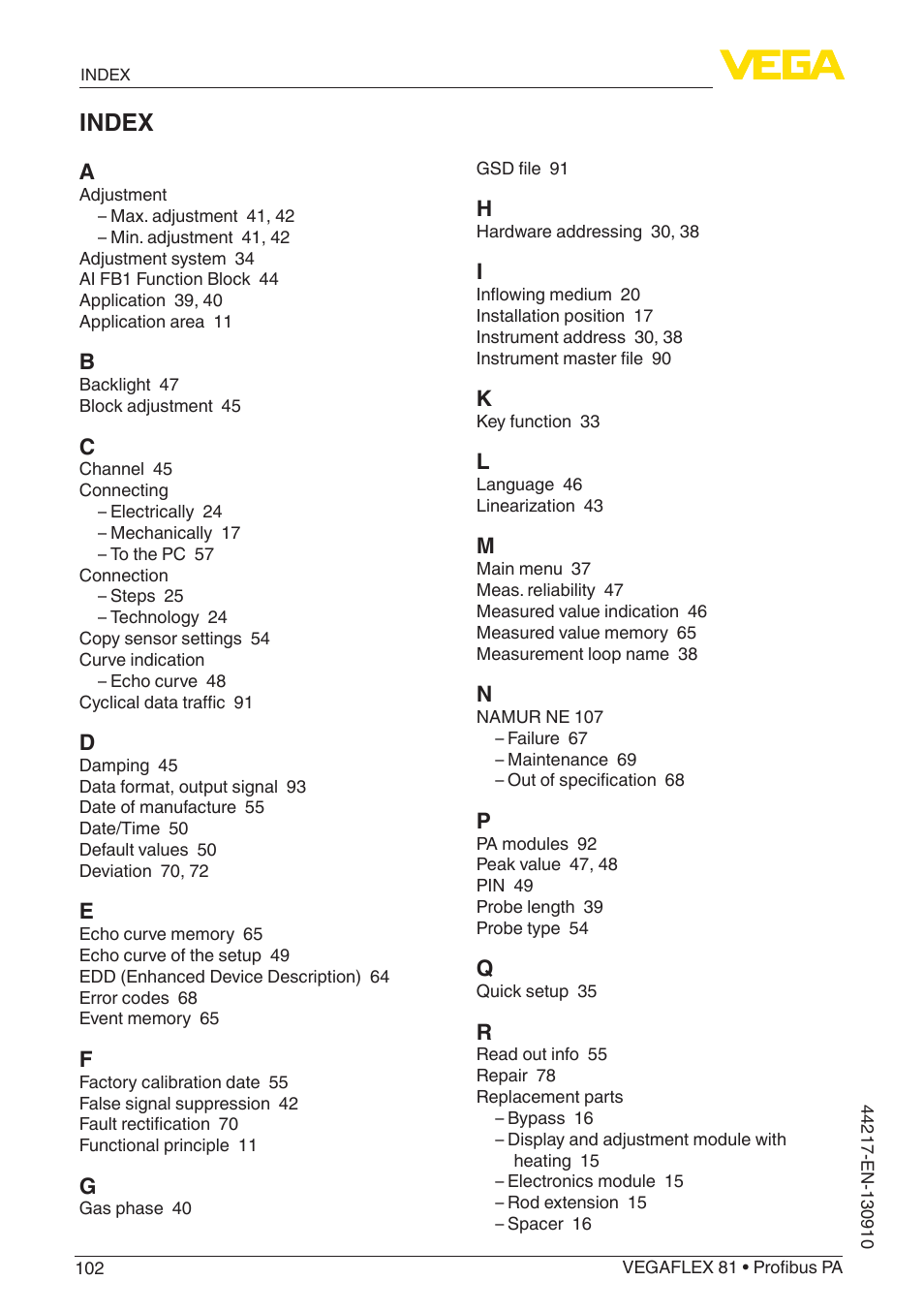 Index | VEGA VEGAFLEX 81 Profibus PA User Manual | Page 102 / 104