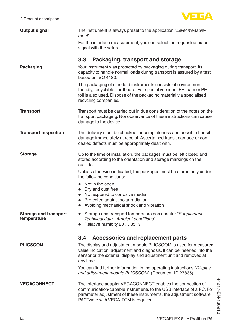 3 packaging, transport and storage, 4 accessories and replacement parts | VEGA VEGAFLEX 81 Profibus PA User Manual | Page 14 / 104
