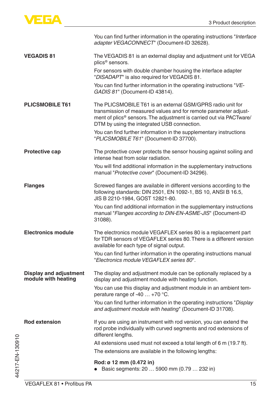 VEGA VEGAFLEX 81 Profibus PA User Manual | Page 15 / 104