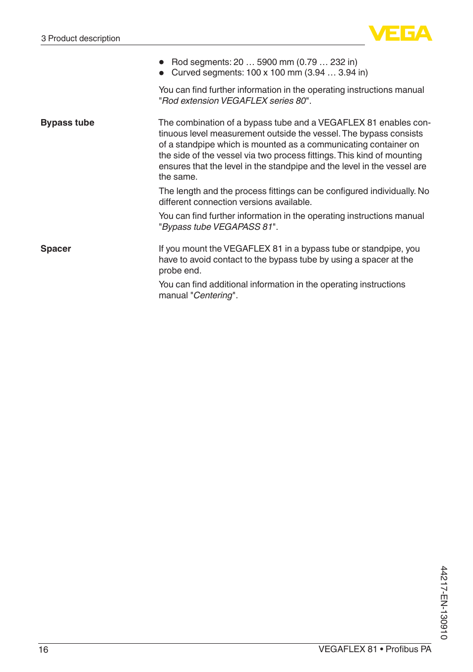 VEGA VEGAFLEX 81 Profibus PA User Manual | Page 16 / 104