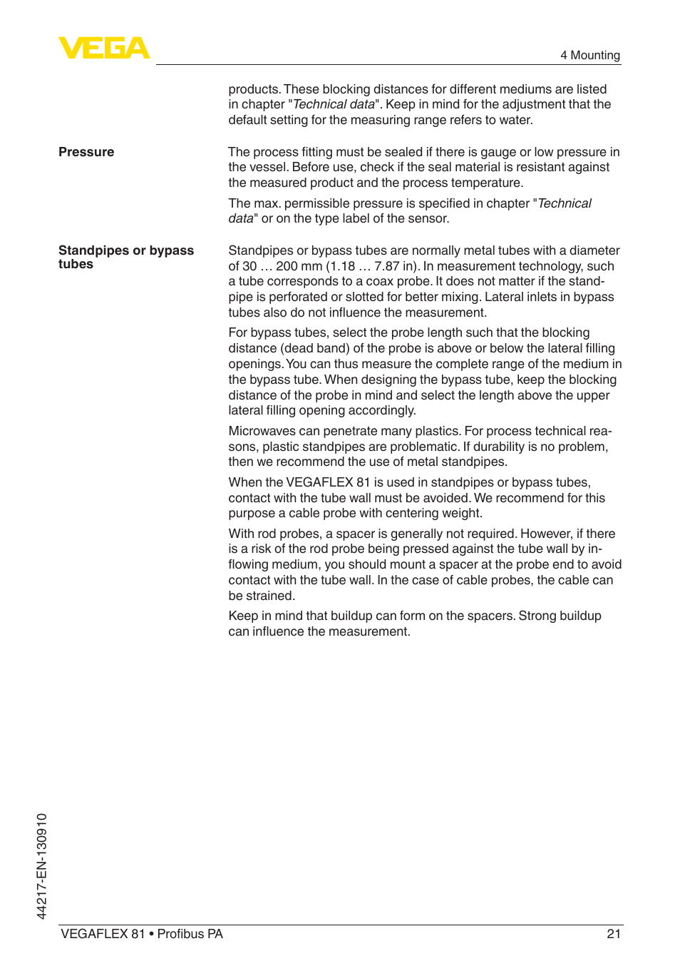 VEGA VEGAFLEX 81 Profibus PA User Manual | Page 21 / 104