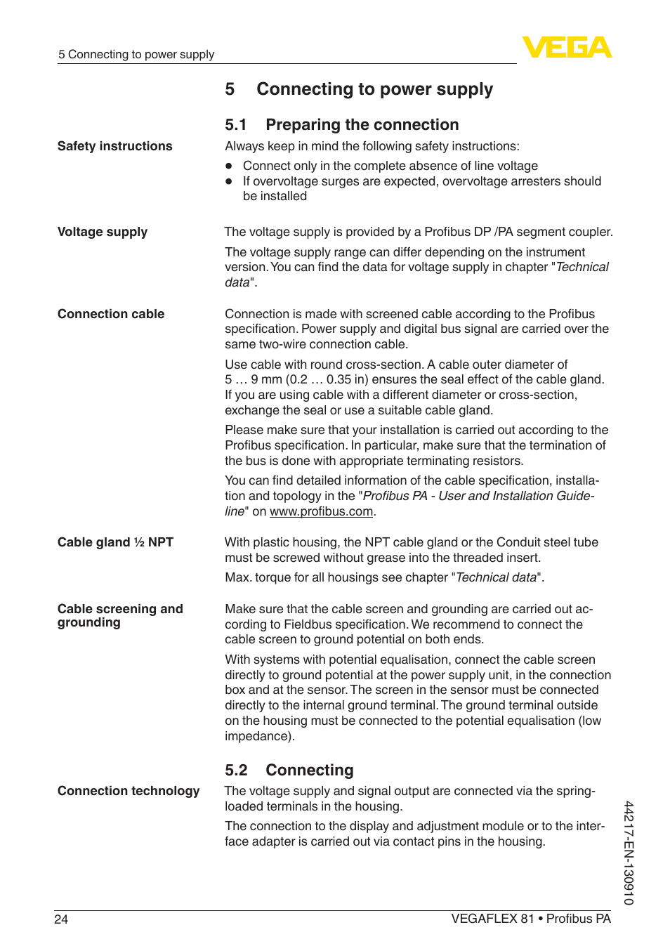 5 connecting to power supply, 1 preparing the connection, 2 connecting | VEGA VEGAFLEX 81 Profibus PA User Manual | Page 24 / 104