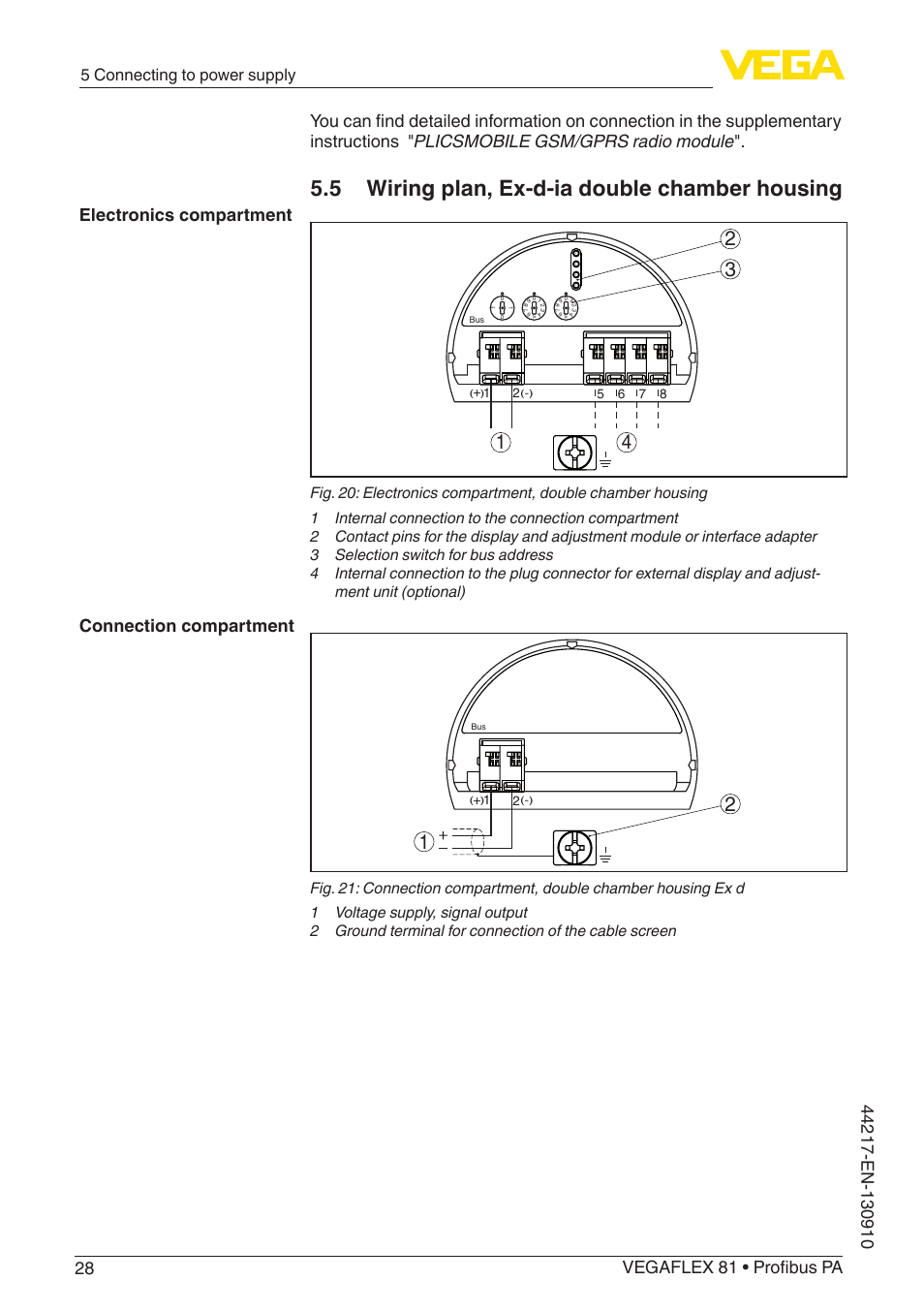 5 wiring plan, ex-d-ia double chamber housing, Electronics compartment connection compartment, 5 connecting to power supply | VEGA VEGAFLEX 81 Profibus PA User Manual | Page 28 / 104