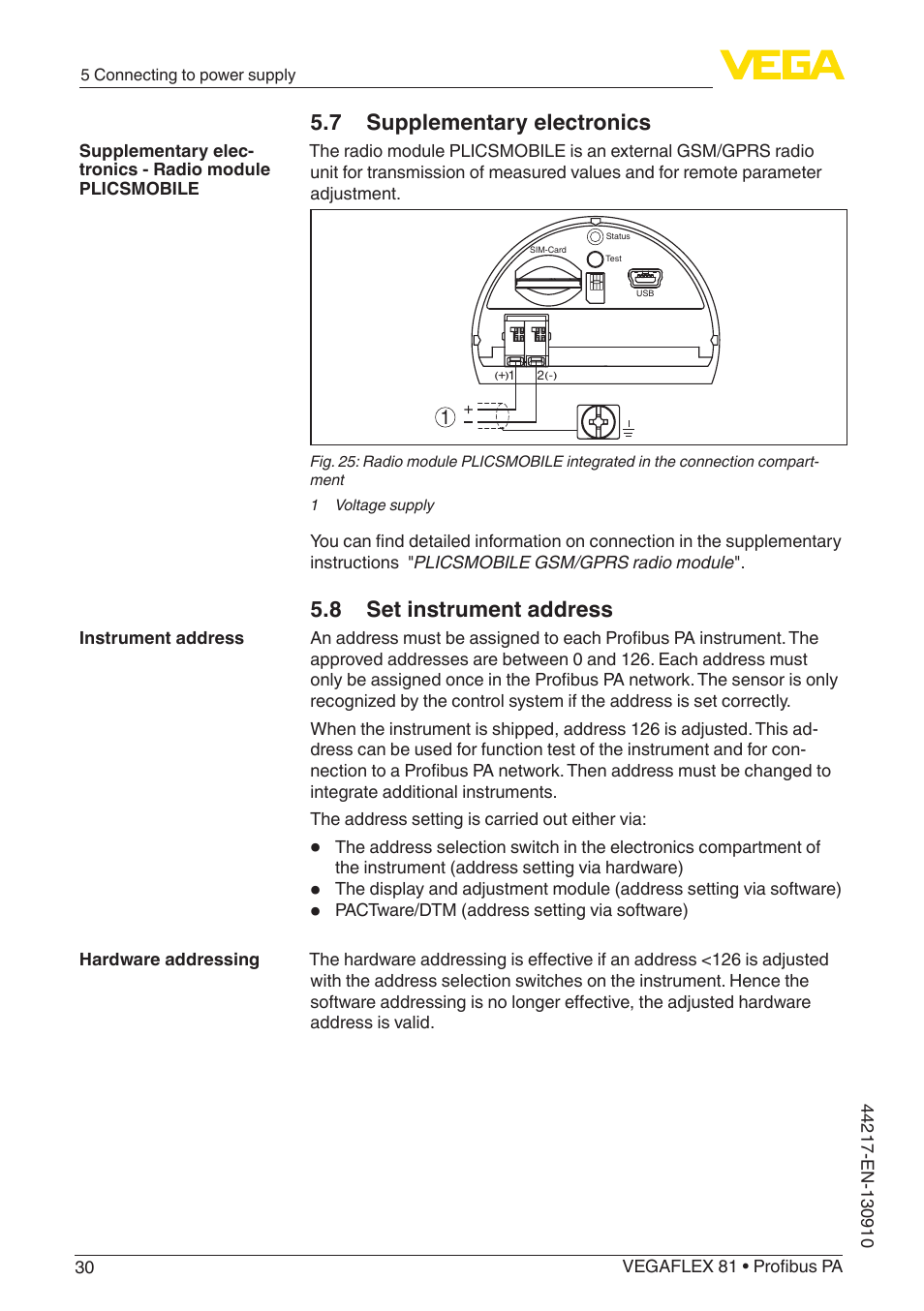 7 supplementary electronics, 8 set instrument address | VEGA VEGAFLEX 81 Profibus PA User Manual | Page 30 / 104