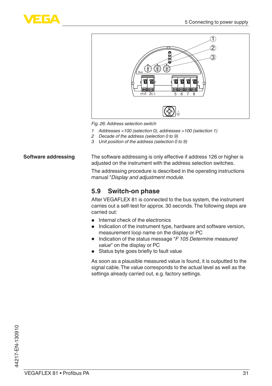 9 switch-on phase, Internal check of the electronics, 5 connecting to power supply | VEGA VEGAFLEX 81 Profibus PA User Manual | Page 31 / 104