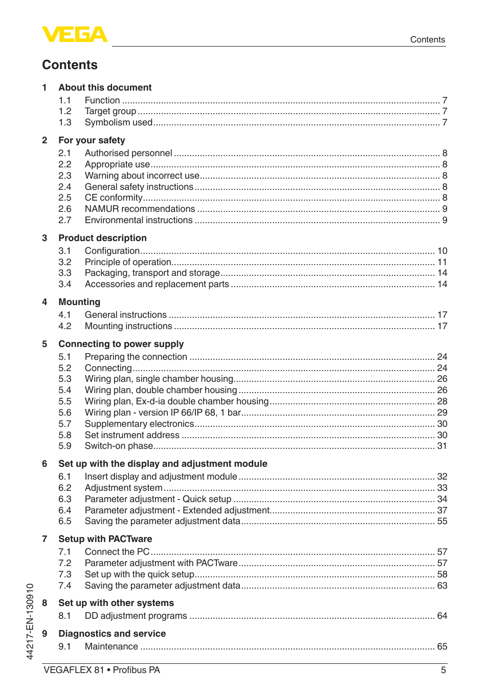 VEGA VEGAFLEX 81 Profibus PA User Manual | Page 5 / 104