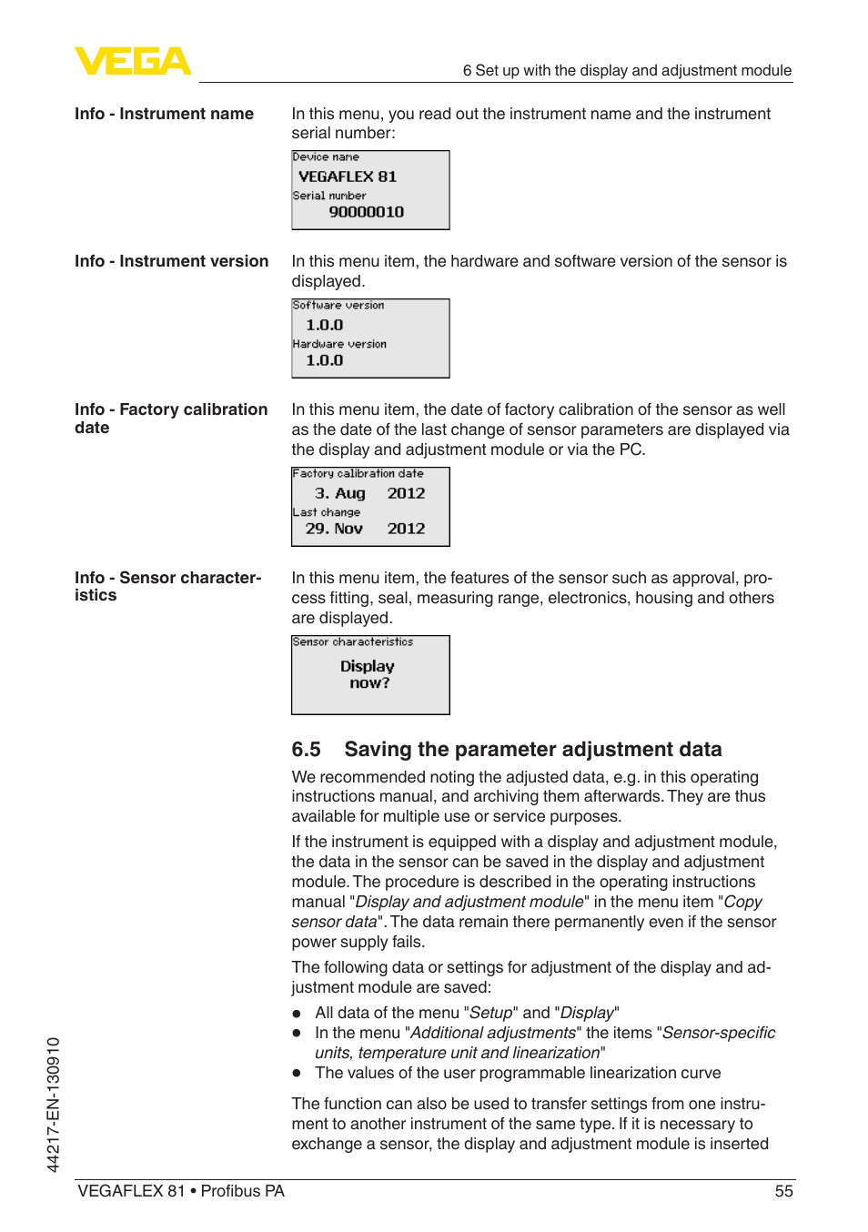 5 saving the parameter adjustment data | VEGA VEGAFLEX 81 Profibus PA User Manual | Page 55 / 104