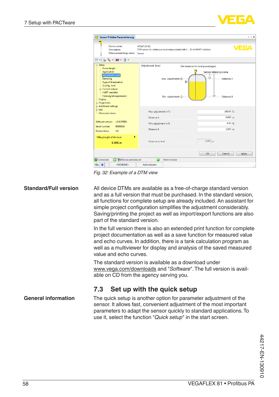 3 set up with the quick setup | VEGA VEGAFLEX 81 Profibus PA User Manual | Page 58 / 104