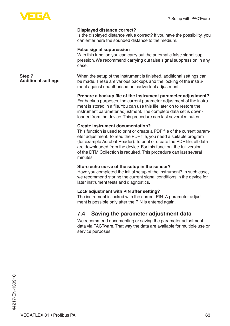 4 saving the parameter adjustment data | VEGA VEGAFLEX 81 Profibus PA User Manual | Page 63 / 104