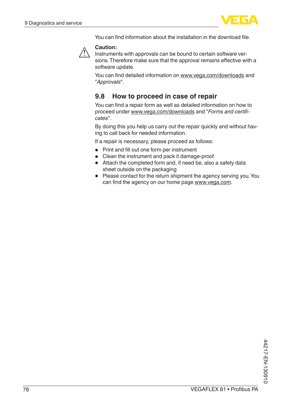 8 how to proceed in case of repair | VEGA VEGAFLEX 81 Profibus PA User Manual | Page 78 / 104