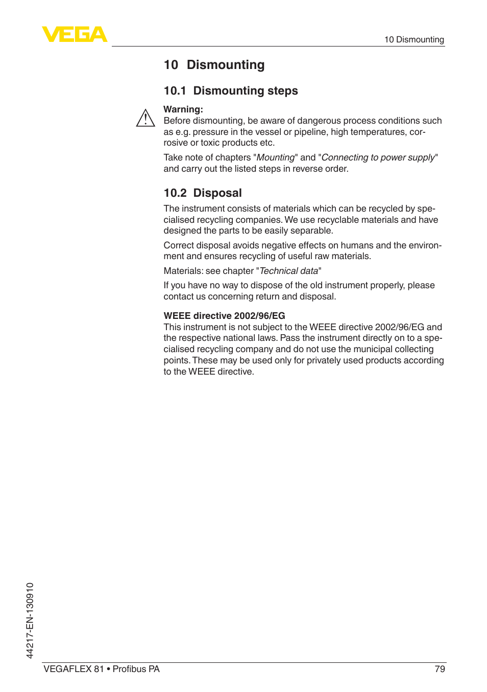 10 dismounting, 1 dismounting steps, 2 disposal | VEGA VEGAFLEX 81 Profibus PA User Manual | Page 79 / 104