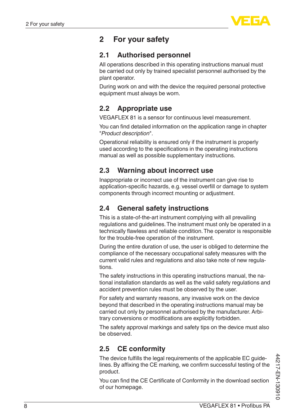 2 for your safety, 1 authorised personnel, 2 appropriate use | 3 warning about incorrect use, 4 general safety instructions, 5 ce conformity | VEGA VEGAFLEX 81 Profibus PA User Manual | Page 8 / 104