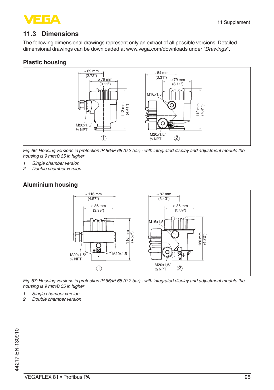 3 dimensions, Plastic housing, Aluminium housing | VEGA VEGAFLEX 81 Profibus PA User Manual | Page 95 / 104