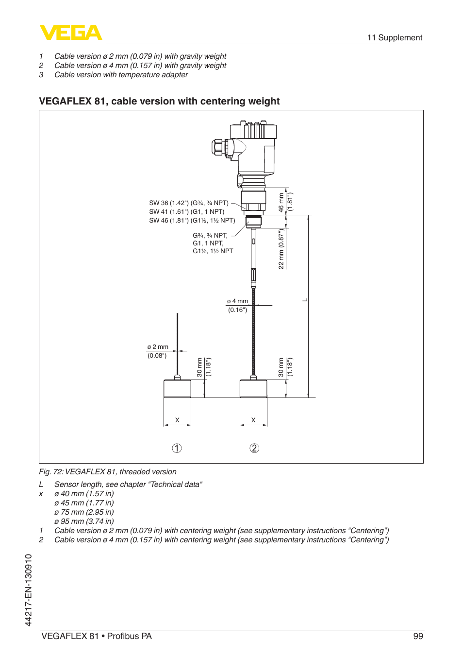 Vegaflex 81, cable version with centering weight | VEGA VEGAFLEX 81 Profibus PA User Manual | Page 99 / 104