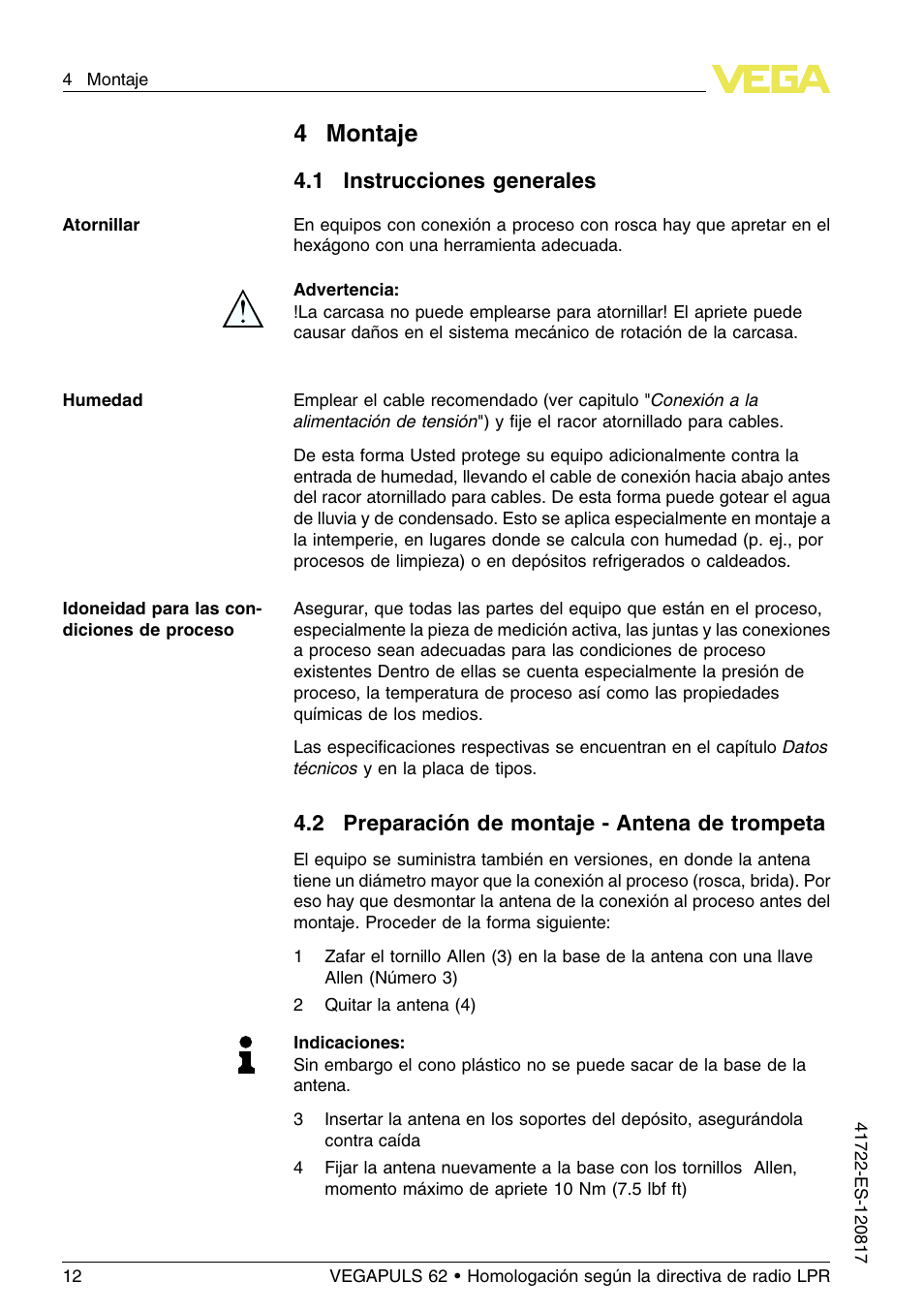 4 montaje, 1 instrucciones generales, 2 preparación de montaje – antena de trompeta | 4montaje | VEGA VEGAPULS 62 (≥ 2.0.0 - ≥ 4.0.0) Modbus and Levelmaster protocol Approval according to LPR radio standard User Manual | Page 12 / 100