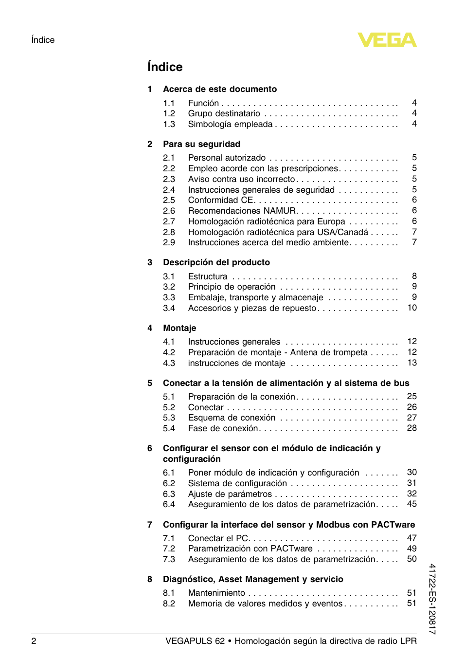 Índice | VEGA VEGAPULS 62 (≥ 2.0.0 - ≥ 4.0.0) Modbus and Levelmaster protocol Approval according to LPR radio standard User Manual | Page 2 / 100