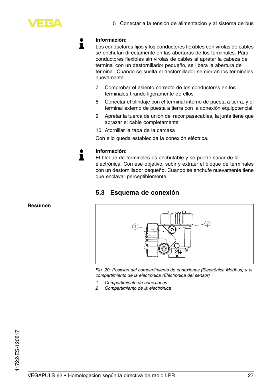 3 esquema de conexión, 3 e squema de conexión | VEGA VEGAPULS 62 (≥ 2.0.0 - ≥ 4.0.0) Modbus and Levelmaster protocol Approval according to LPR radio standard User Manual | Page 27 / 100