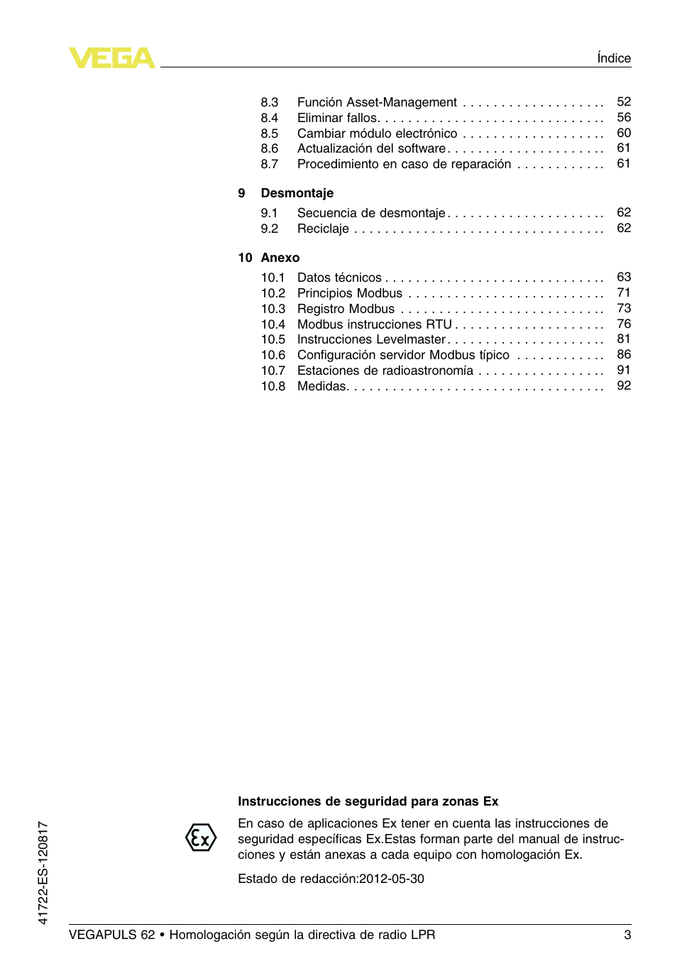 VEGA VEGAPULS 62 (≥ 2.0.0 - ≥ 4.0.0) Modbus and Levelmaster protocol Approval according to LPR radio standard User Manual | Page 3 / 100