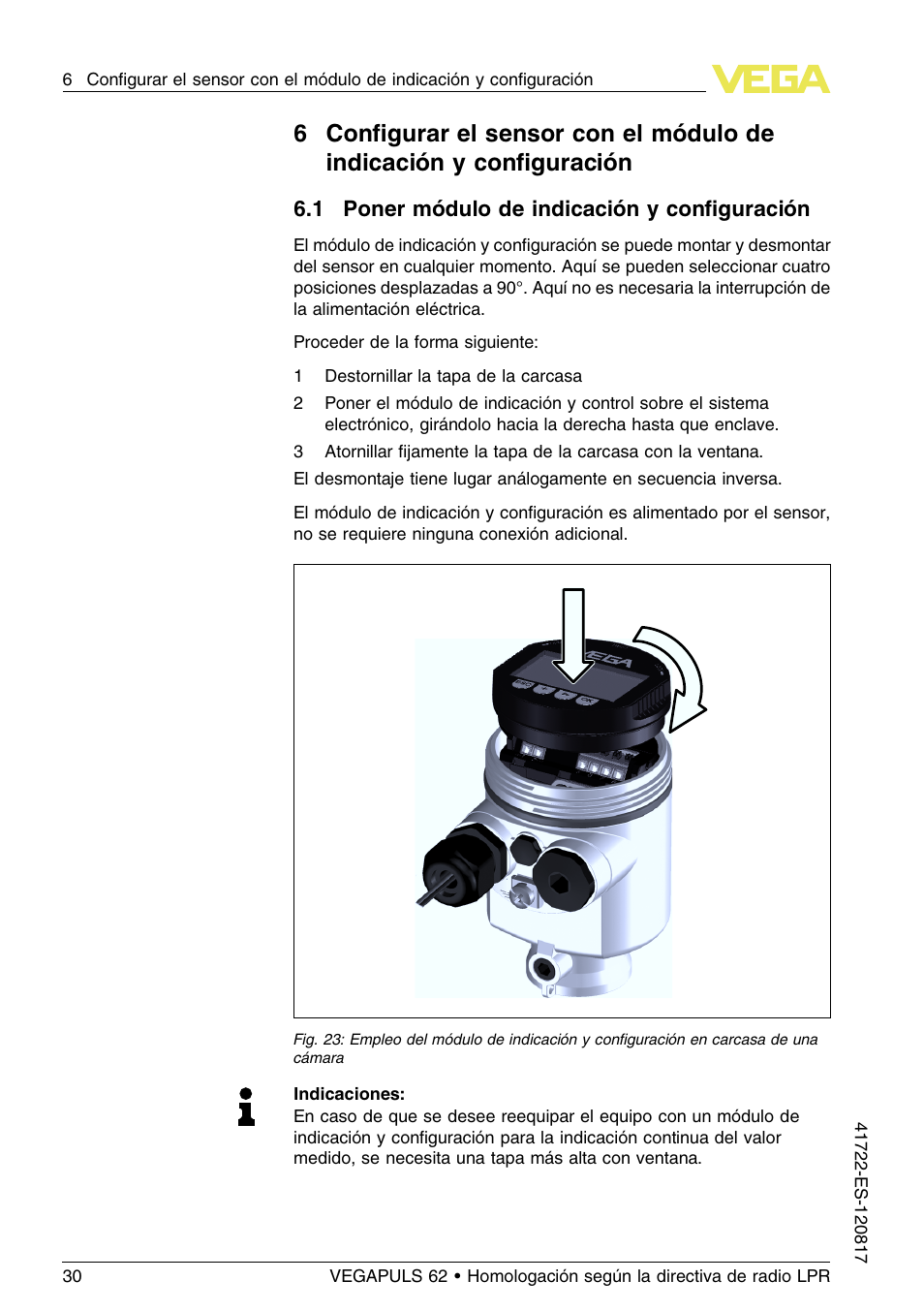 1 poner módulo de indicación y configuración | VEGA VEGAPULS 62 (≥ 2.0.0 - ≥ 4.0.0) Modbus and Levelmaster protocol Approval according to LPR radio standard User Manual | Page 30 / 100