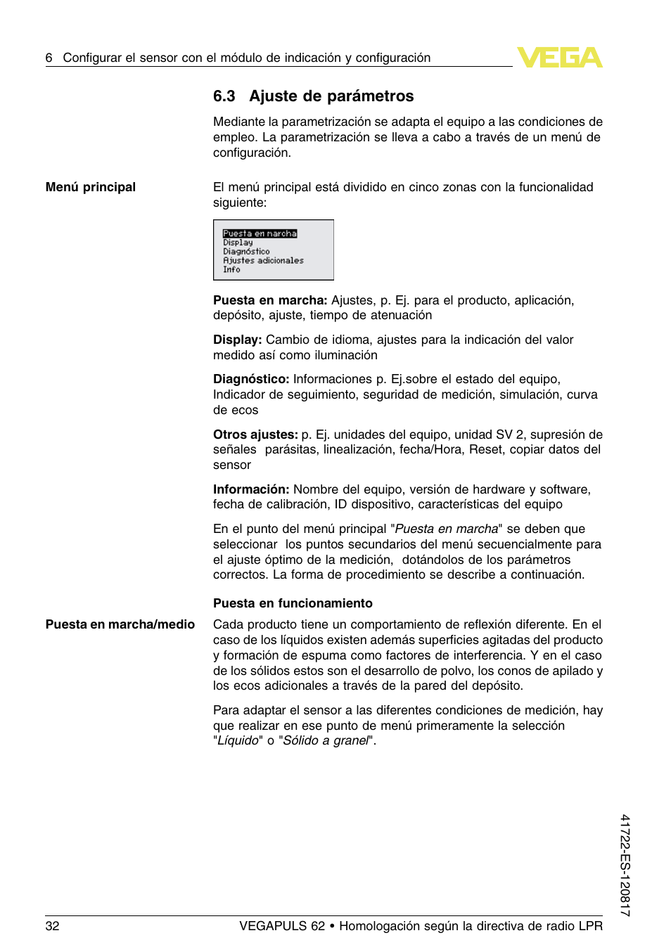 3 ajuste de parámetros | VEGA VEGAPULS 62 (≥ 2.0.0 - ≥ 4.0.0) Modbus and Levelmaster protocol Approval according to LPR radio standard User Manual | Page 32 / 100